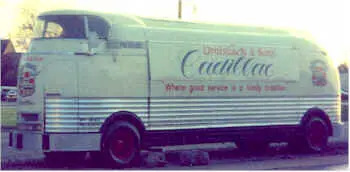 Futurliner after it was with a Cadillac dealer with "Cadillac" written on the site