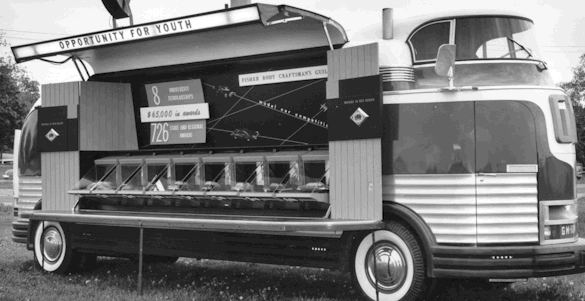Black and white photo of the Futurliner's Opportunity for Youth Display