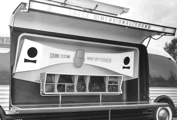 Black and white photo of GM Futurliner Sound Booth inside the Futurliner
