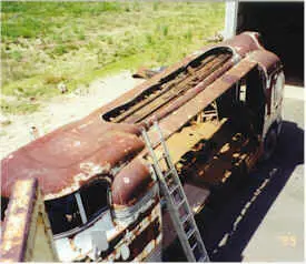 View of top of Futurliner showing the badly rusted roof